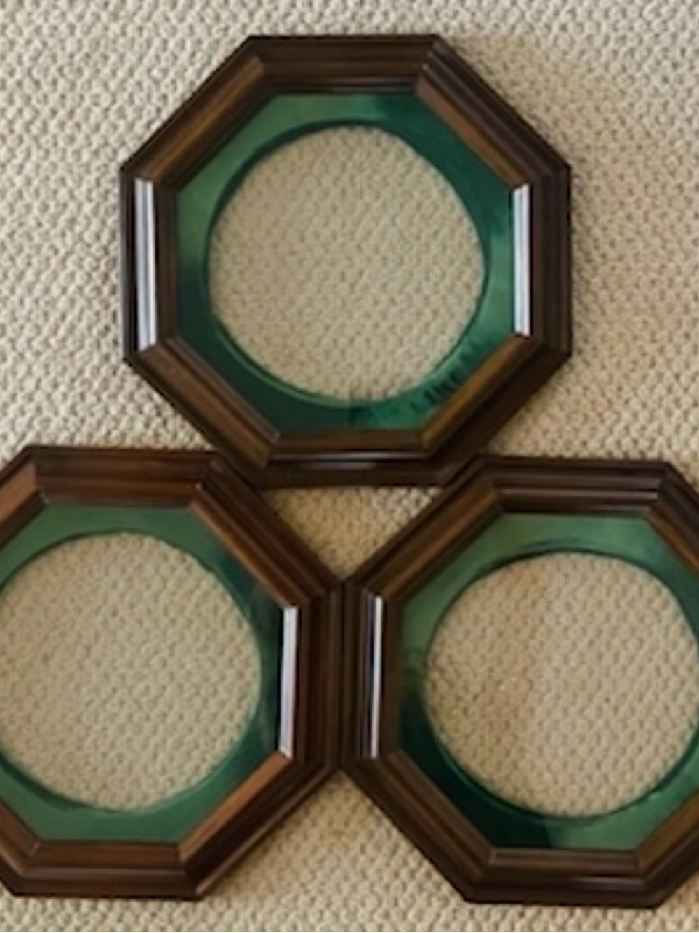 Set of 3 Octagonal Wood Glass Frames w/Green velvet Inner Trim for 8.5” Plates